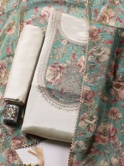 MEENA BAZAAR - Embroidered Art Silk Blue Unstitched Kurta with Pant and Dupatta