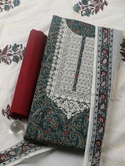 MEENA BAZAAR - Printed Cotton Green Unstitched Kurta with Pant and Dupatta
