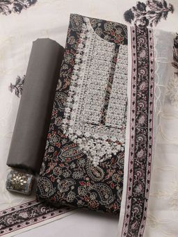 MEENA BAZAAR - Black Printed Cotton Unstitched Kurta with Pant and Dupatta