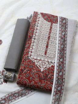 MEENA BAZAAR - Printed Maroon Cotton Unstitched Kurta with Pant and Dupatta