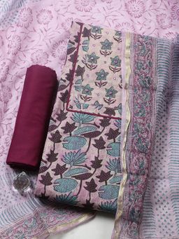 MEENA BAZAAR - Printed Cotton Wine Unstitched Kurta with Pant and Dupatta