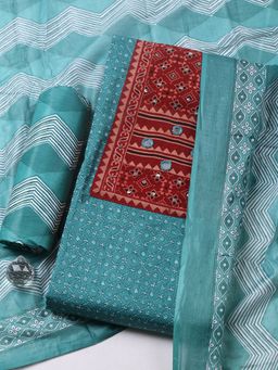 MEENA BAZAAR - Printed Cotton Green Unstitched Kurta with Pant and Dupatta