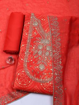 MEENA BAZAAR - Red Embroidered Cotton Unstitched Kurta with Pant and Dupatta