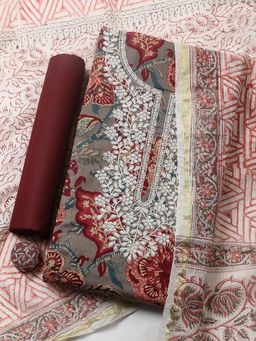 MEENA BAZAAR - Printed Cotton Grey Unstitched Kurta with Pant and Dupatta