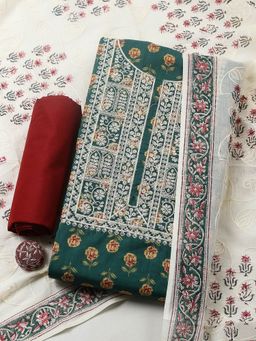 MEENA BAZAAR - Printed Cotton Green Unstitched Kurta with Pant and Dupatta