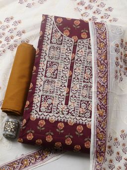MEENA BAZAAR - Printed Wine Cotton Unstitched Kurta with Pant and Dupatta