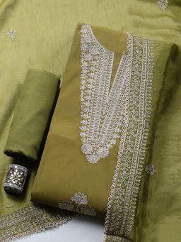 MEENA BAZAAR - Embroidered Green Chanderi Unstitched Kurta with Pant and Dupatta