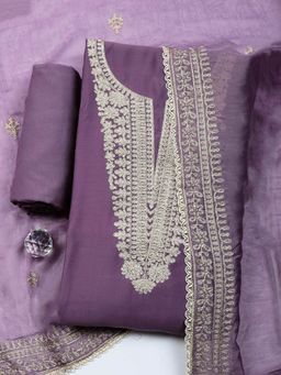 MEENA BAZAAR - Embroidered Chanderi Purple Unstitched Kurta with Pant and Dupatta