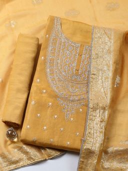 MEENA BAZAAR - Embroidered Chanderi Mustard Unstitched Kurta with Pant and Dupatta
