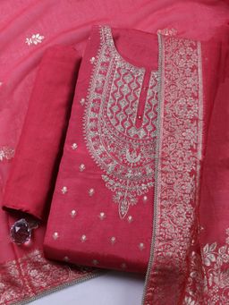 MEENA BAZAAR - Embroidered Chanderi Pink Unstitched Kurta with Pant and Dupatta