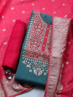 MEENA BAZAAR - Embroidered Chanderi Green Unstitched Kurta with Pant and Dupatta