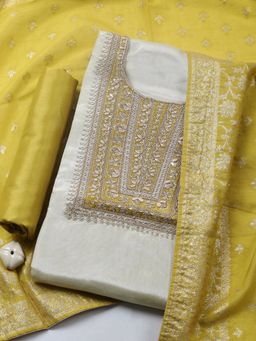 MEENA BAZAAR - Embroidered Art Silk Mustard Unstitched Kurta with Pant and Dupatta
