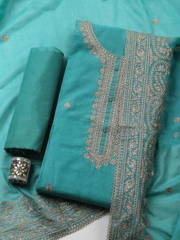 MEENA BAZAAR - Embroidered Chanderi Green Unstitched Kurta with Pant and Dupatta