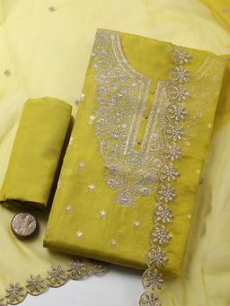 MEENA BAZAAR - Embroidered Chanderi Green Unstitched Kurta with Pant and Dupatta