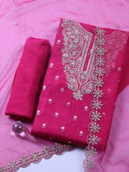 MEENA BAZAAR - Pink Embroidered Chanderi Unstitched Kurta with Pant and Dupatta