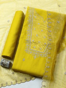 MEENA BAZAAR - Mustard Embroidered Chanderi Unstitched Kurta with Pant and Dupatta