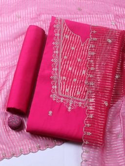 MEENA BAZAAR - Pink Embroidered Chanderi Unstitched Kurta with Pant and Dupatta