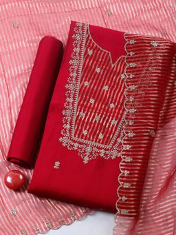 MEENA BAZAAR - Red Embroidered Chanderi Unstitched Kurta with Pant and Dupatta