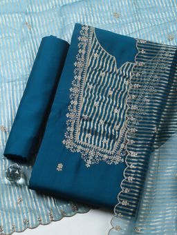 MEENA BAZAAR - Teal Embroidered Chanderi Unstitched Kurta with Pant and Dupatta