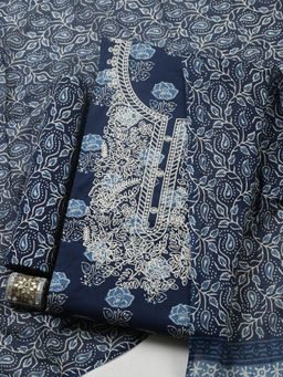 MEENA BAZAAR - Blue Embroidered Cotton Unstitched Kurta with Pant and Dupatta