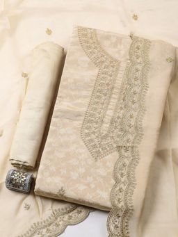 MEENA BAZAAR - Beige Embroidered Chanderi Unstitched Kurta with Pant and Dupatta