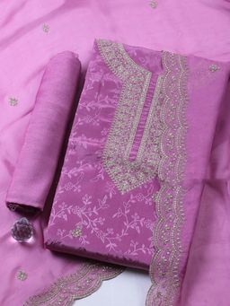 MEENA BAZAAR - Purple Embroidered Chanderi Unstitched Kurta with Pant and Dupatta