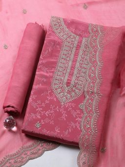 MEENA BAZAAR - Pink Embroidered Chanderi Unstitched Kurta with Pant and Dupatta