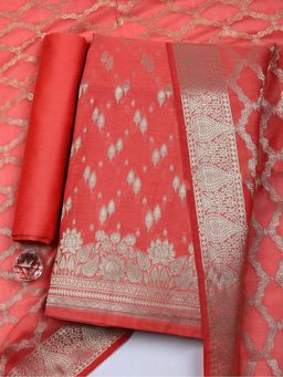 MEENA BAZAAR - Red Woven Art Silk Unstitched Kurta with Pant and Dupatta
