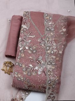 MEENA BAZAAR - Beige Embroidered Organza Unstitched Kurta with Pant and Dupatta