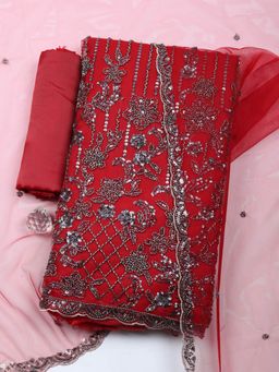 MEENA BAZAAR - Red Embroidered Net Unstitched Kurta with Pant and Dupatta