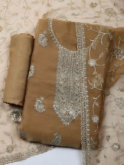 MEENA BAZAAR - Embroidered Art Silk Beige Unstitched Kurta with Pant and Dupatta