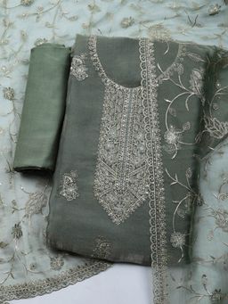 MEENA BAZAAR - Embroidered Art Silk Green Unstitched Kurta with Pant and Dupatta