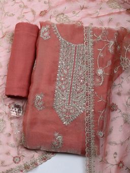 MEENA BAZAAR - Embroidered Art Pink Silk Unstitched Kurta with Pant and Dupatta
