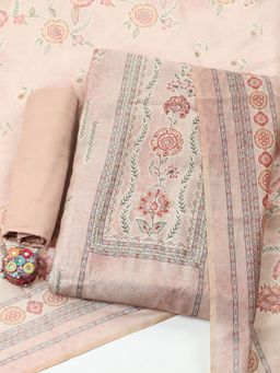 MEENA BAZAAR - Peach Woven Chanderi Unstitched Kurta with Pant and Dupatta