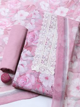 MEENA BAZAAR - Pink Floral Cotton Unstitched Kurta with Pant and Dupatta