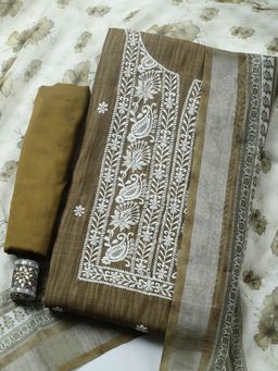 MEENA BAZAAR - Embroidered Linen Green Unstitched Kurta with Pant and Dupatta