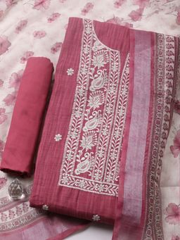MEENA BAZAAR - Embroidered Linen Pink Unstitched Kurta with Pant and Dupatta