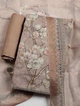 MEENA BAZAAR - Brown Floral Linen Unstitched Kurta with Pant and Dupatta