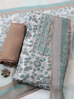 MEENA BAZAAR - Brown Floral Linen Unstitched Kurta with Pant and Dupatta