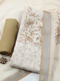 MEENA BAZAAR - Brown Floral Linen Unstitched Kurta with Pant and Dupatta
