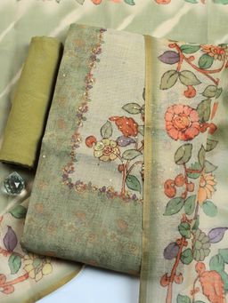 MEENA BAZAAR - Green Floral Linen Unstitched Kurta with Pant and Dupatta
