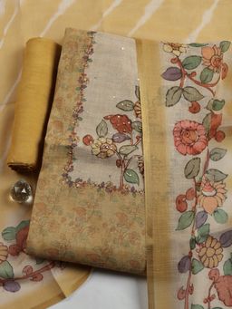 MEENA BAZAAR - Mustard Floral Linen Unstitched Kurta with Pant and Dupatta