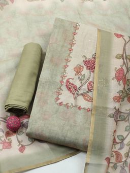 MEENA BAZAAR - Green Floral Linen Unstitched Kurta with Pant and Dupatta