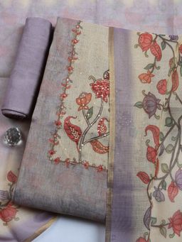 MEENA BAZAAR - Lavender Floral Linen Unstitched Kurta with Pant and Dupatta