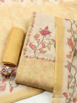 MEENA BAZAAR - Mustard Floral Linen Unstitched Kurta with Pant and Dupatta