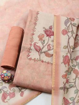 MEENA BAZAAR - Peach Floral Linen Unstitched Kurta with Pant and Dupatta