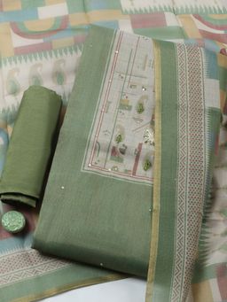 MEENA BAZAAR - Green Embroidered Linen Unstitched Kurta with Pant and Dupatta