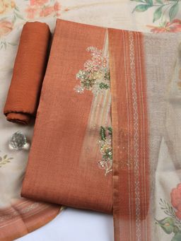 MEENA BAZAAR - Rust Embroidered Linen Unstitched Kurta with Pant and Dupatta