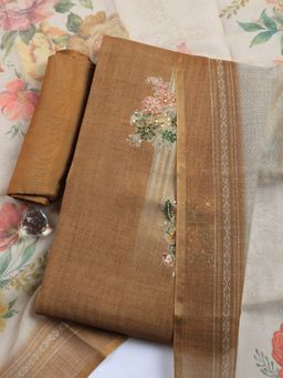 MEENA BAZAAR - Brown Embroidered Linen Unstitched Kurta with Pant and Dupatta
