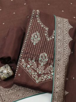 MEENA BAZAAR - Brown Embroidered Chanderi Unstitched Kurta with Pant and Dupatta